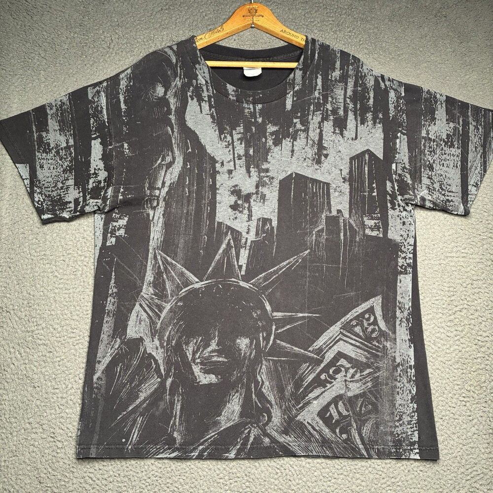 Vintage New York All Over Print AOP T-Shirt Large Statue of Liberty Skyline Y2K